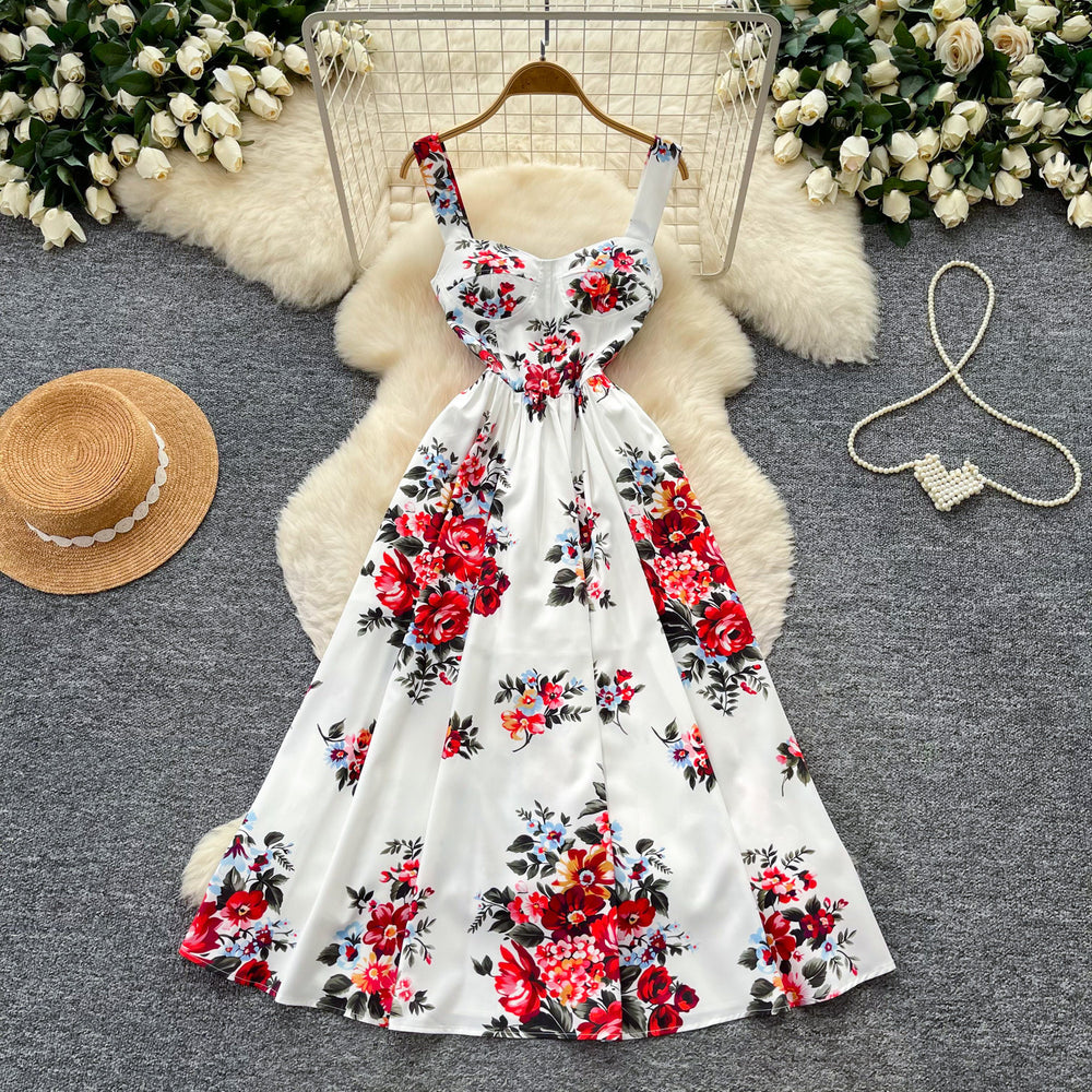 French sleeveless printed camisole dress - women's summer high-waisted slimming a-line maxi dress - chic and elegant