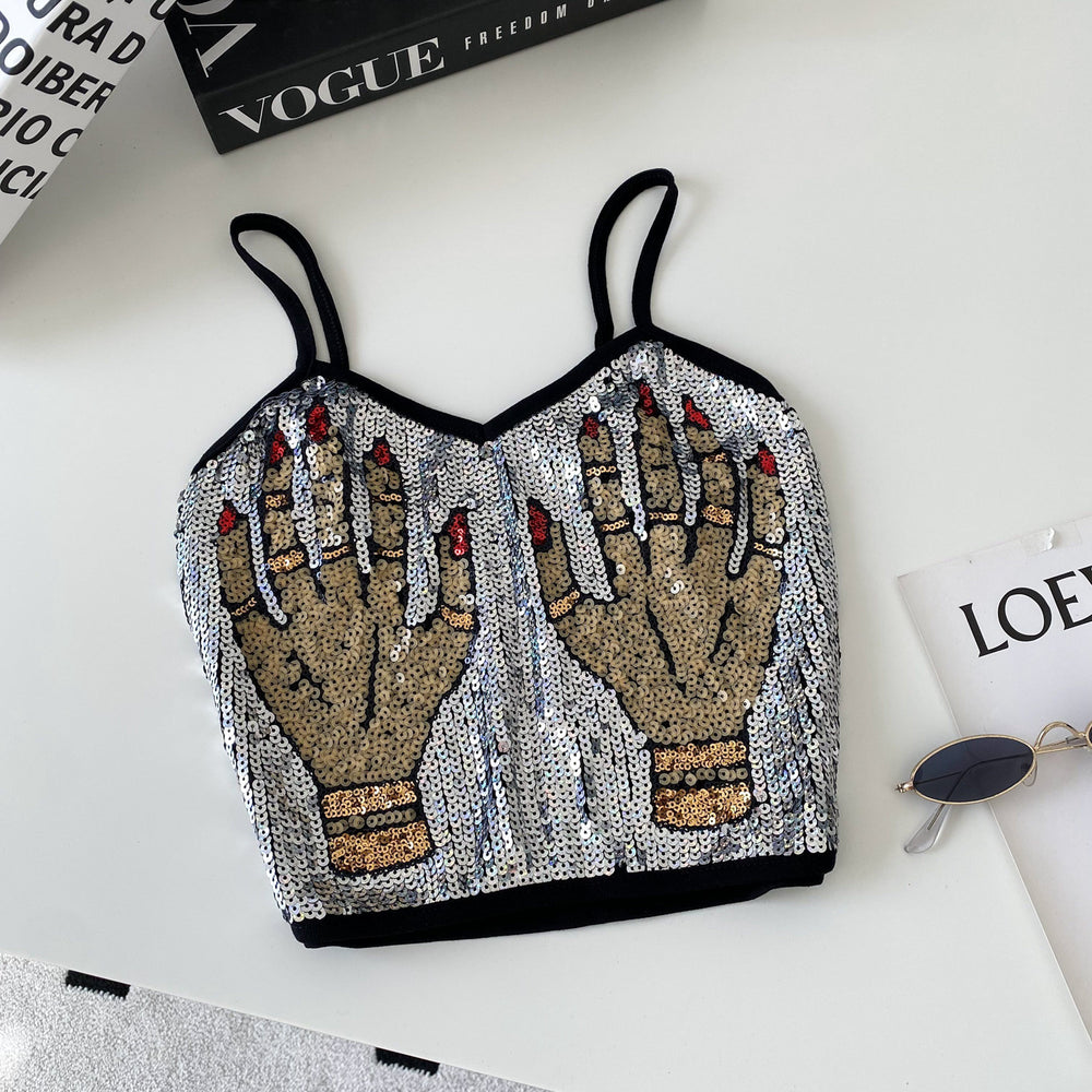 Fashion suspender tube top vest women's summerprinting heavy industry sequin exposed navel design street hot girl petitestops