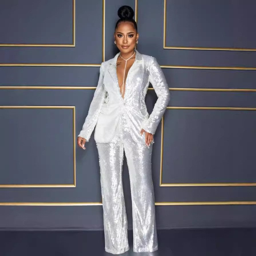 summer cross-border jumpsuit: new european and american style  women's long-sleeve v-neck sequin jumpsuit two-piece set