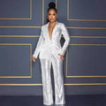 summer cross-border jumpsuit: new european and american style  women's long-sleeve v-neck sequin jumpsuit two-piece set