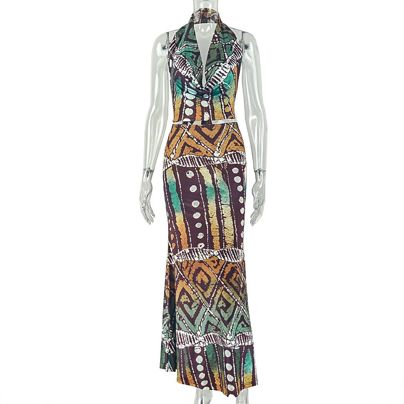 European and american style cross-border casual commute women's printed swing neck color block skirt set sleeveless summer cool new two-piece outfit