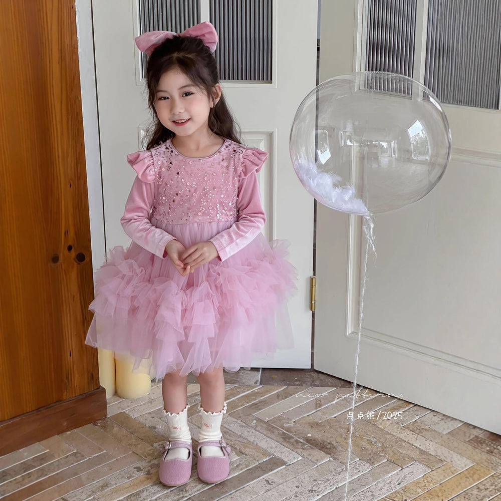 Girls' autumn dress new arrivals : stylish and cute puff sleeve sequin mesh tiered cake dress for little girls