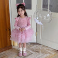 Girls' autumn dress new arrivals : stylish and cute puff sleeve sequin mesh tiered cake dress for little girls