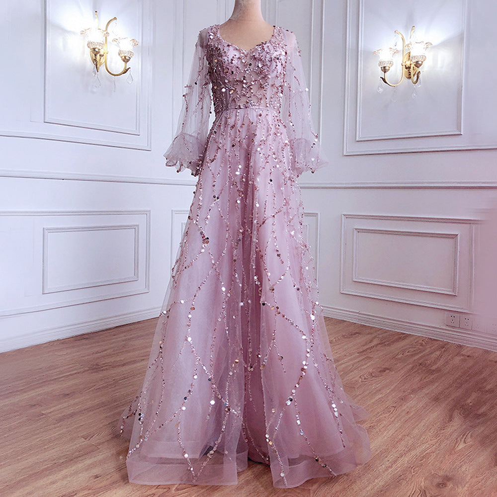 new cross-border gold heavy beaded luxury evening gown - sexy socialite queen long dress yq7109