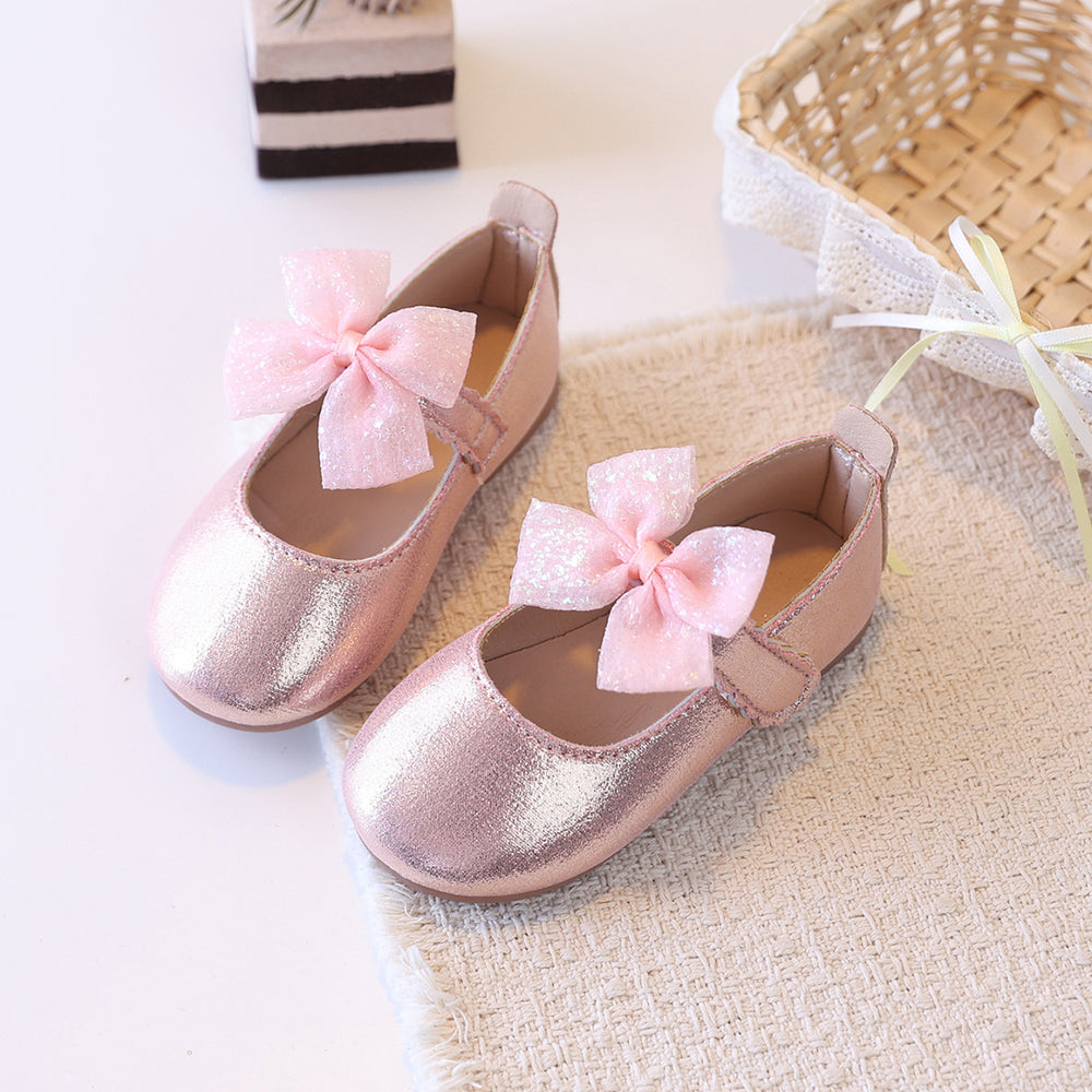 girls' shiny bow princess shoes - spring/autumn soft sole baby first walker single shoes - little girl's velcro mary janes