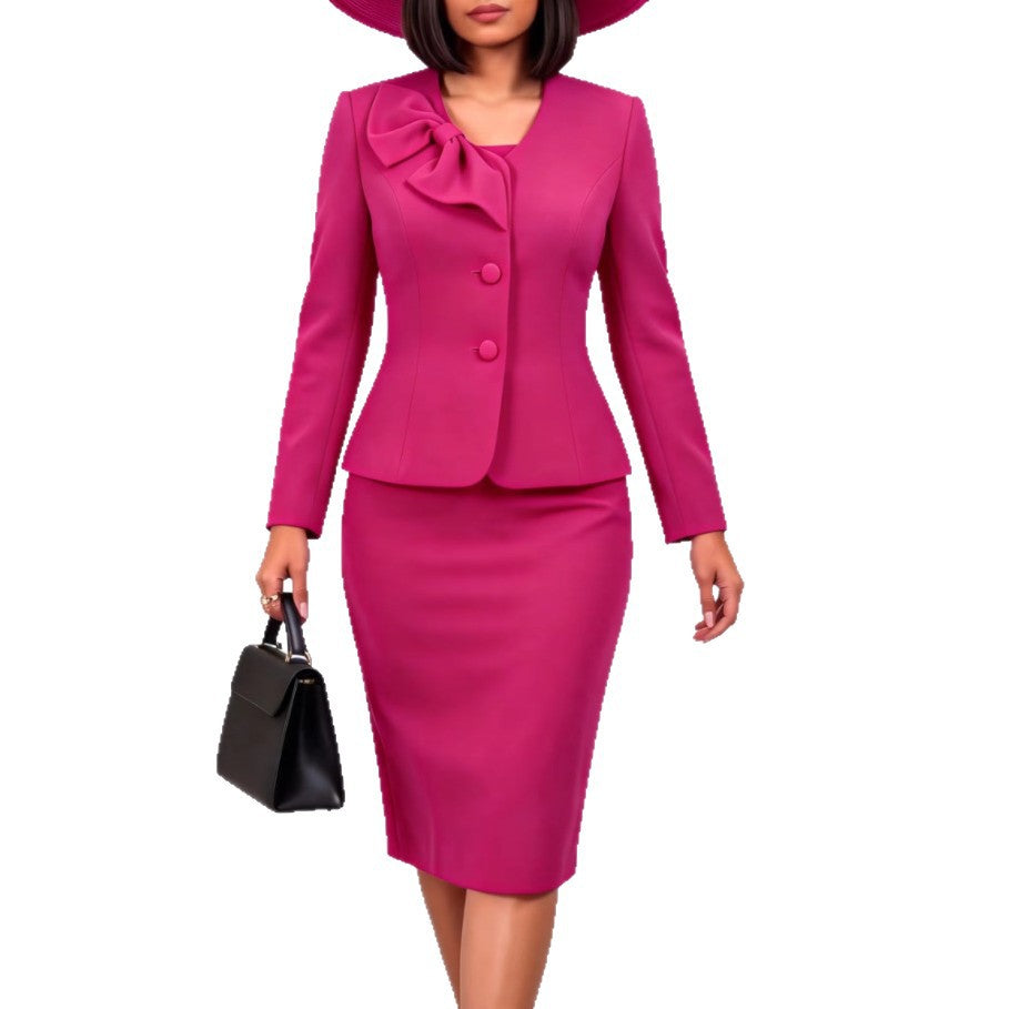 Autumn new arrival: solid color bow detail two-piece suit set - perfect for work