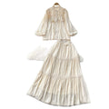 French chic outfit: women's vintage court style lace trimmed lantern sleeve single-breasted blouse with high-waisted flared midi skirt