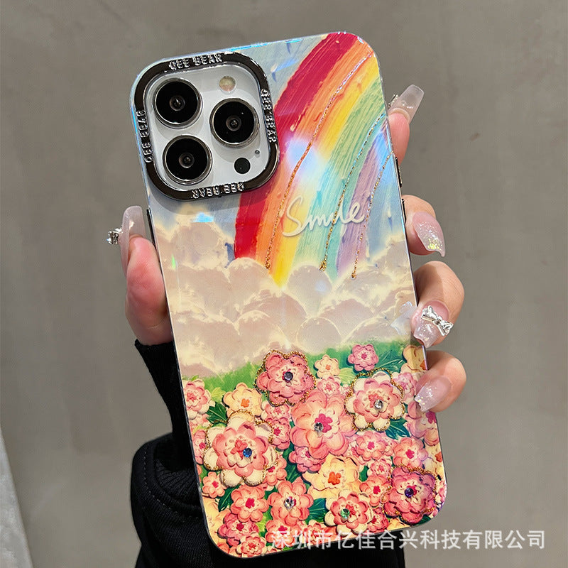 Metal frame suitable for apple 15 mobile phone case iphone17pro blu-ray glue rainbow oil painting flower bracelet