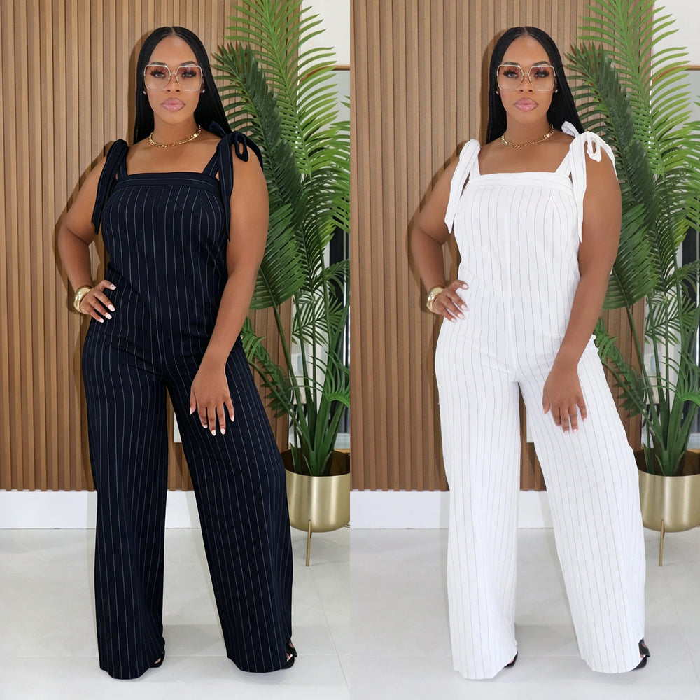 C7698 cross-border   fashion women's casual striped wide-leg jumpsuit with shoulder straps