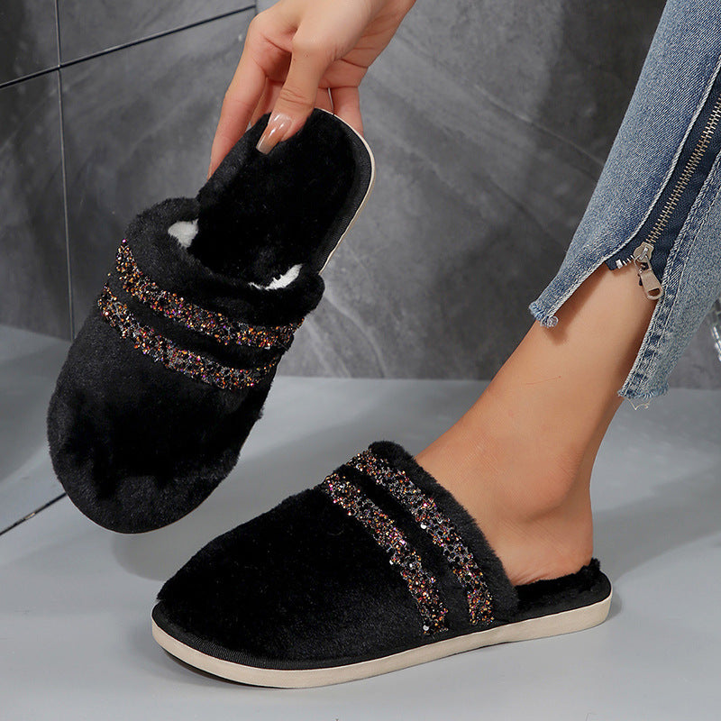 2024 fuzzy slippers for women, winter home wear, warm, street vendor style, "stomping on shit" comfort, rhinestone couple's home cotton slippers, women's outdoor wear