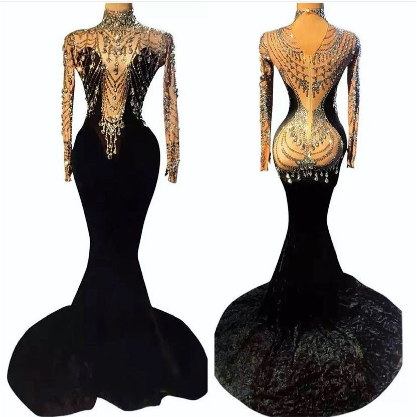 supply elastic flannel hot diamond rhinestone tassel sexy silmcustom performance costume evening dress
