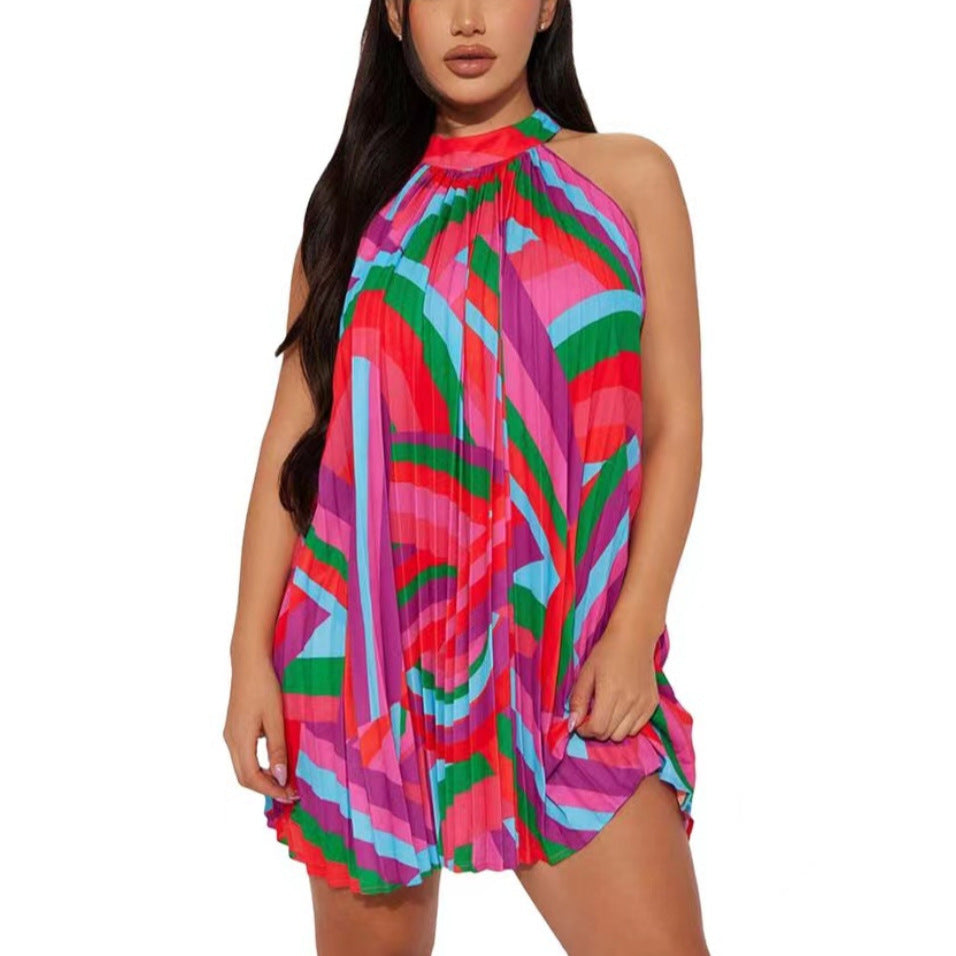 new european and american cross-border women's fashion printed pleated off-shoulder sleeveless back tie-up dress