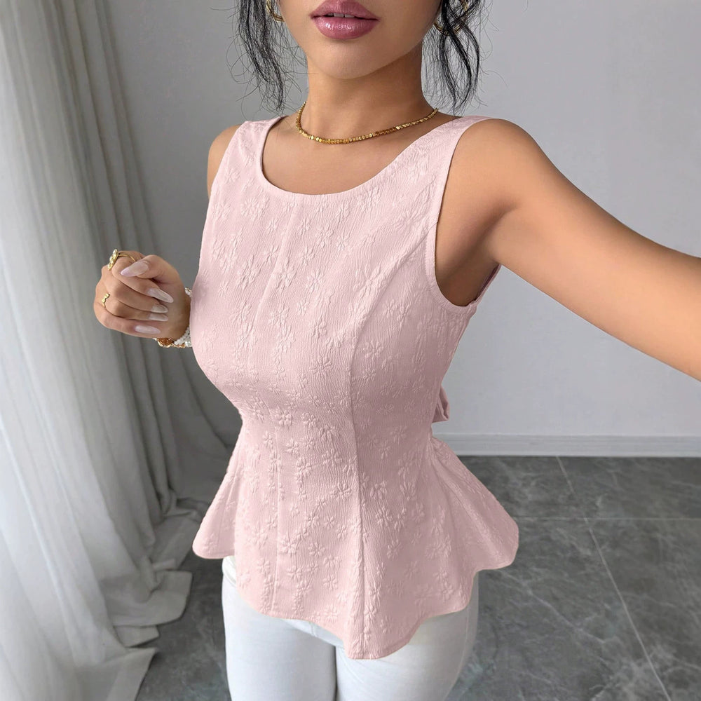 Sleeveless, waist-cinching top for women, featuring a ruffled hem, open back, and bow tie closure. a versatile and stylish piece perfect for everyday wear