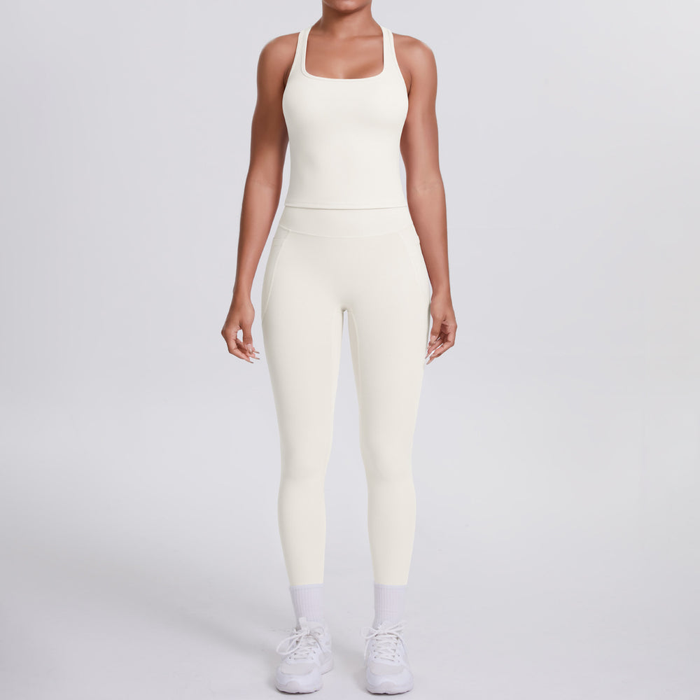 Naked-feel, form-fitting yoga set featuring a racerback design, high-waisted leggings with butt-lifting effect, and pockets. perfect for outdoor activities, casual wear, running, and gym workouts