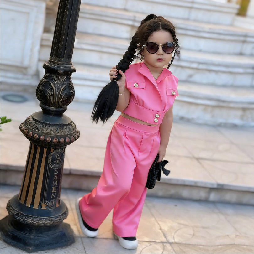 new girls' solid color cropped vest set: collared vest + high-waisted wide-leg pants