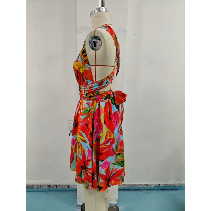 Aliexpress cross-border original design: women's fashionable sleeveless backless printed dress