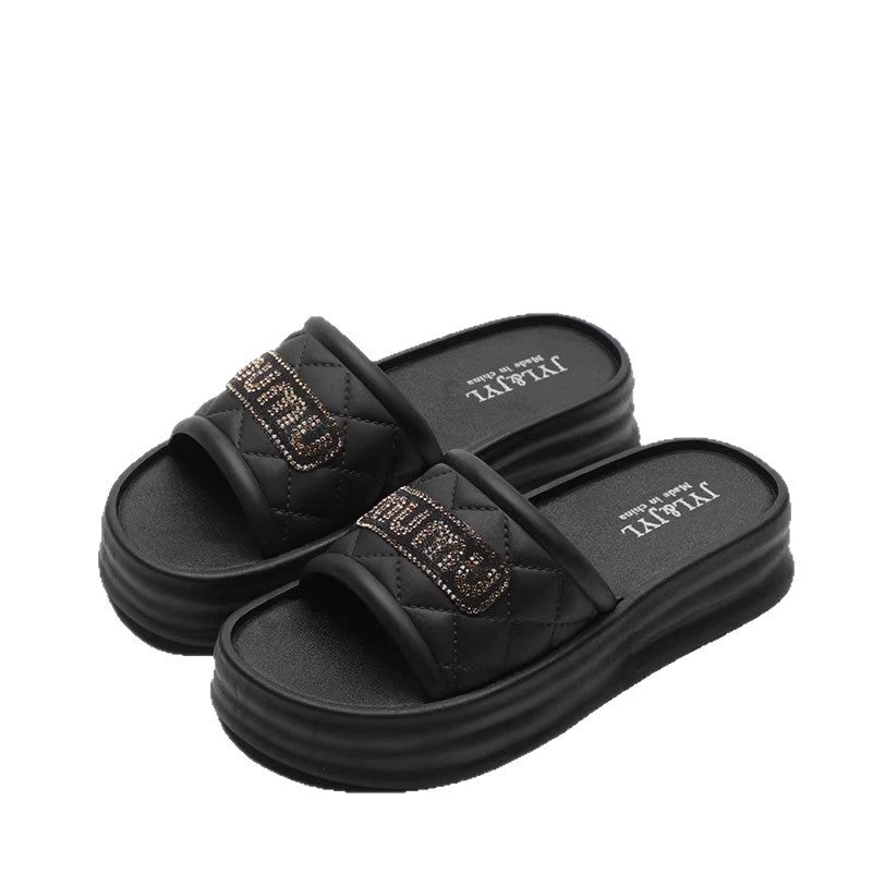 Women's summer slides 2026 new fashion rhinestone platform chunky sole height increasing non-slip beach thong sandals
