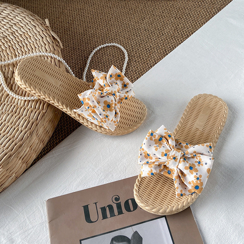 Women's summer sandals & slippers 2024: new fashionable, versatile, trendy floral print, bow accent, vacation beach fairy shoes