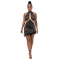 C7703 cross-border   fashion women's sexy mesh rhinestone beaded bodycon dress