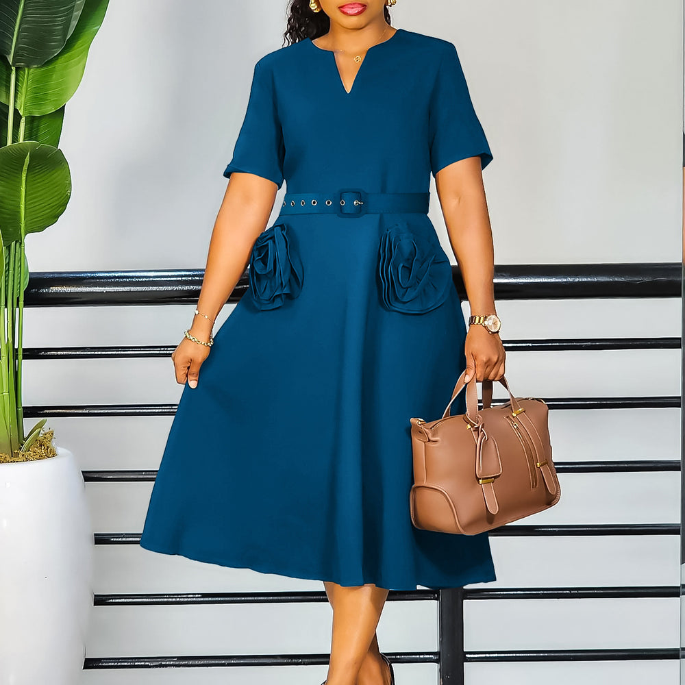 D576 women's foreign trade summer  new fashion v-neck elegant short sleeve cinched waist a-line dress plus size european and american style dress