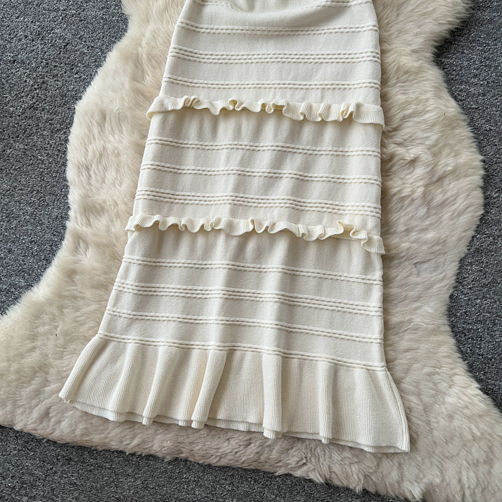 Qianjin wind sleeveless knittingelegantdress women's summer k-style round neck ruffles waist slimmingelegant long skirt
