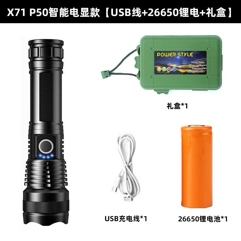 Cross-border XHP50 strong light flashlight USB charging aluminum alloy multi-function outdoor telescopic zoom waterproof flashlight
