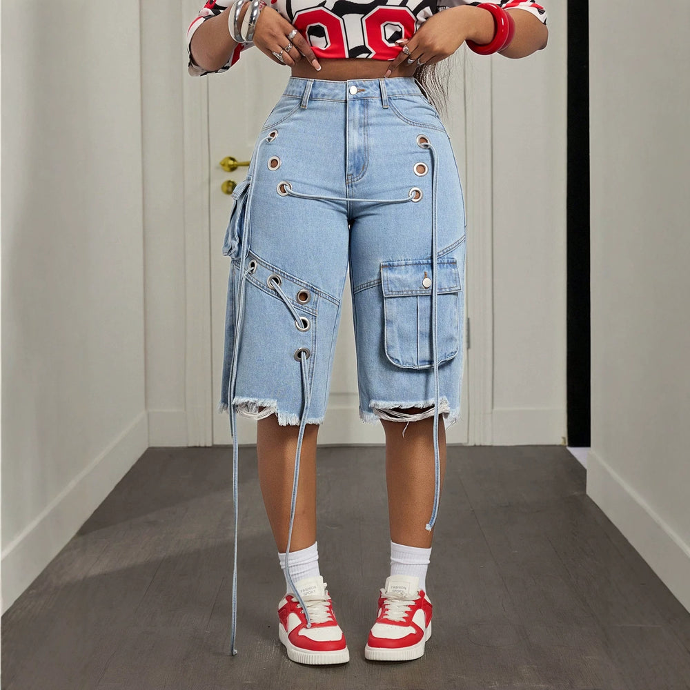 Street workwear fashionjeans women's multi-flap pocket pants eye strap raw edge ripped pants washed light blue denim pants