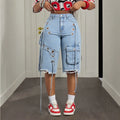 Street workwear fashionjeans women's multi-flap pocket pants eye strap raw edge ripped pants washed light blue denim pants