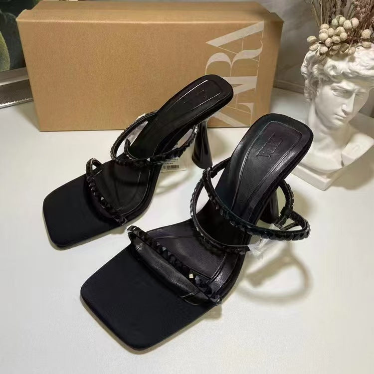 Za new 2024 fashion french black high heels square toe one strap rhinestone open toe back strap sandals women