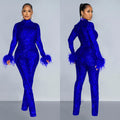 C6808 cross-border   fashion women's solid color mesh feather long sleeve top and pants two-piece set