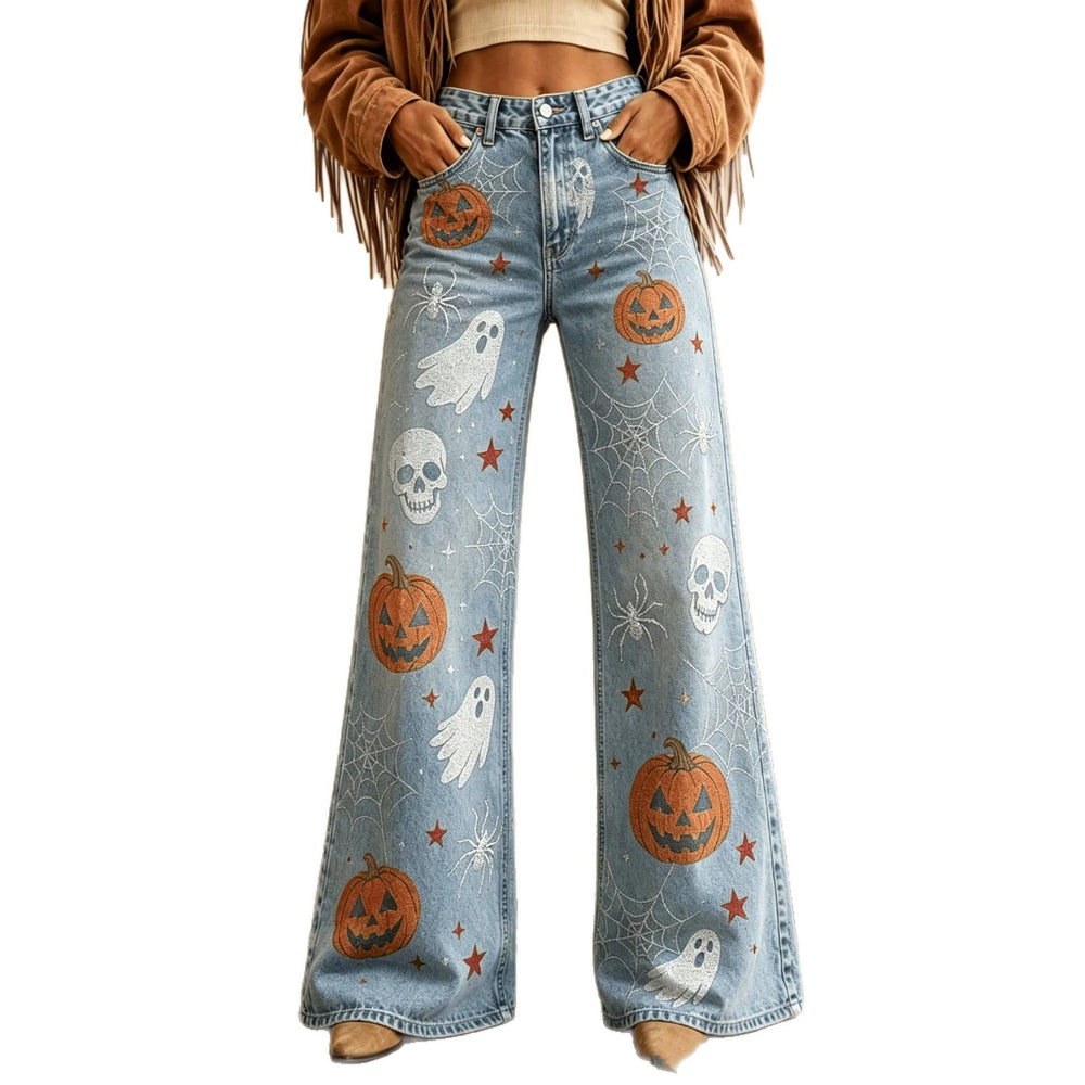 Fashionjeans women's light blue washed pumpkin ghost skull printing high waist slightly flared denim pants export