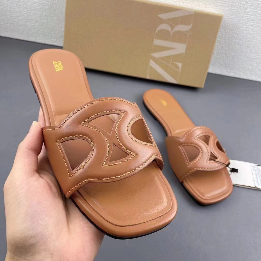 Za2024summernew arrivaltrf women's shoes brown cut out rhinestone decoration flats sandals casualeasiest for match slippers for women