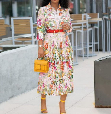 Amazon women's summer new pleated skirt  european and american cross-border waist-defining printed short-sleeve shirt collar dress