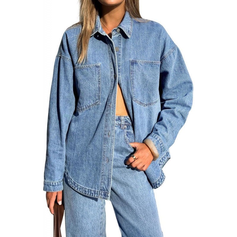 Amazon fashion elegant long sleeve button denim shirt women's  spring new style distressed denim jacket