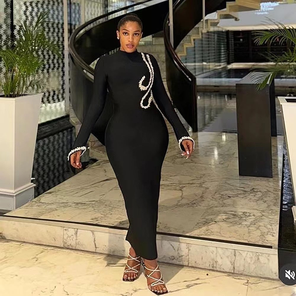 Cross-border European and American style new solid color autumn and winter semi-turtleneck hot diamond long-sleeved temperament slim-fitting hip-wrapped dress women's clothing