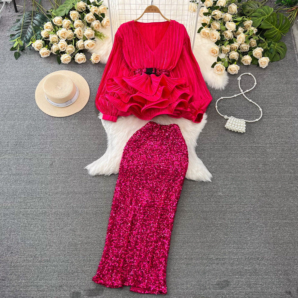 Fashionsuit female socialite elegant lantern long sleevesv neck lotus leaf swing bright shirt female high waistsequin skirt