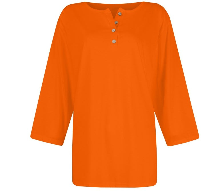 cross-border  women's fashion casual three-quarter sleeve solid color button-down crew neck t-shirt top