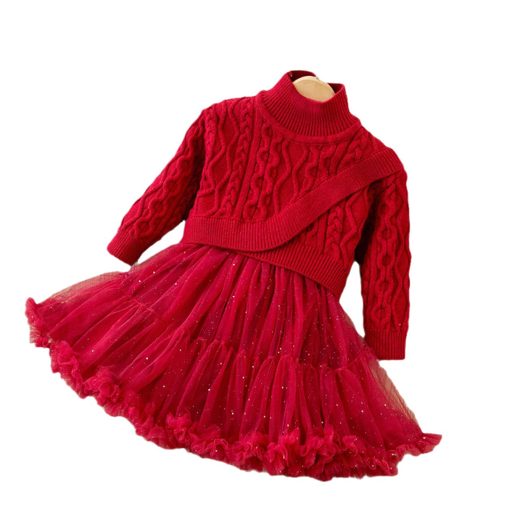 Christmas dress girls' sweater dress  autumn/winter new princess dress new year's outfit tutu skirt set