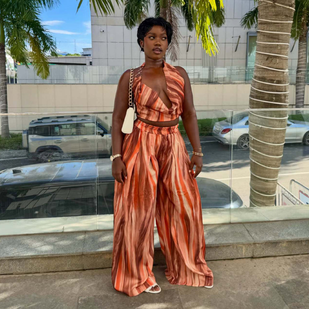 European and american cross-border women's fashion:  summer new collection - trendy printed sleeveless halter top and wide-leg pants set