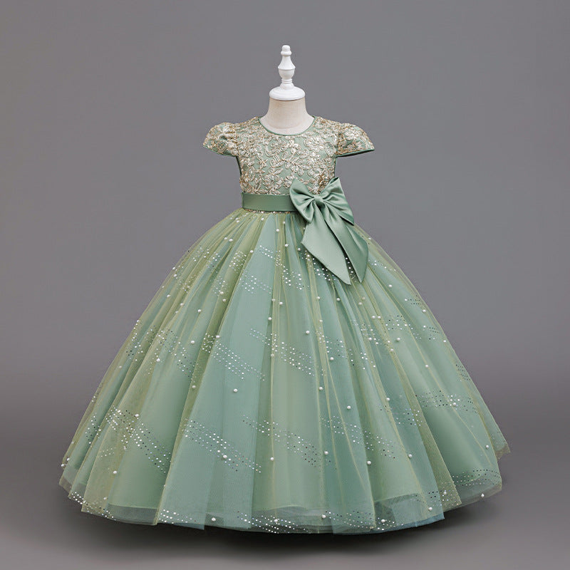 export girls' dress - mid-to-large size, short-sleeve wedding dress, flower girl performance dress, princess gown, floor-length style