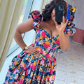 European and american cross-border women's fashion:  spring new arrivals - stylish v-neck printed high-waisted dress with lace sleeves and asymmetrical hem