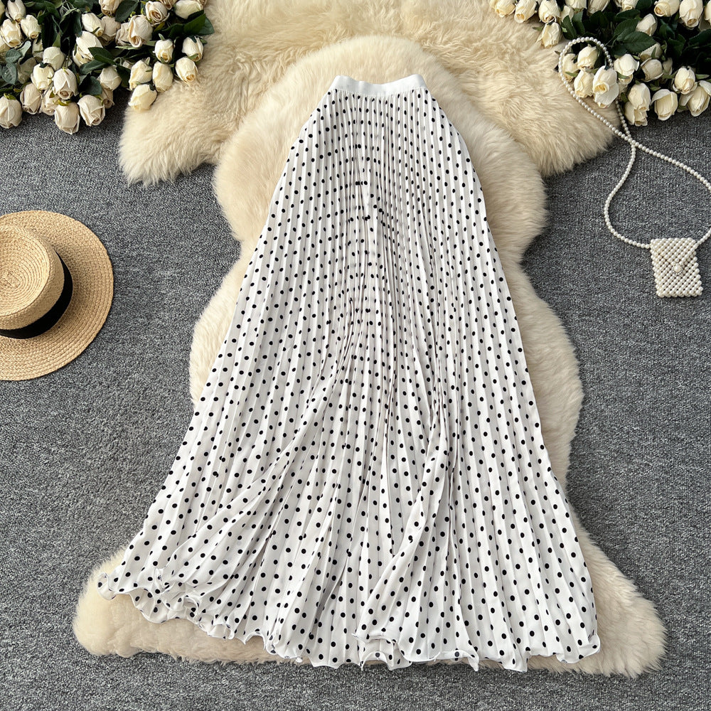 K-style polka dot pleated elegance skirt women's high waistslimming looka-line long skirtwork clothingeasiest for matchpatchworkelegant skirt