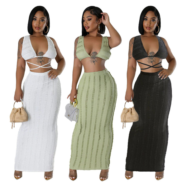K10751   European and American women's clothing beef louver lace popular sleeveless lace halter skirt set