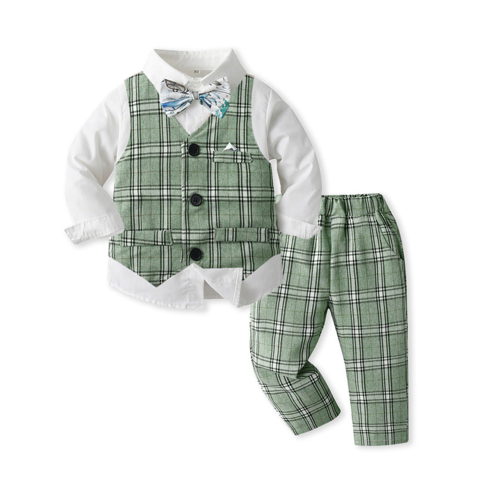 Boys' spring/autumn plaid three-piece set: trendy outfit for baby boys, flower boy style, first birthday celebration, and british-inspired formal wear