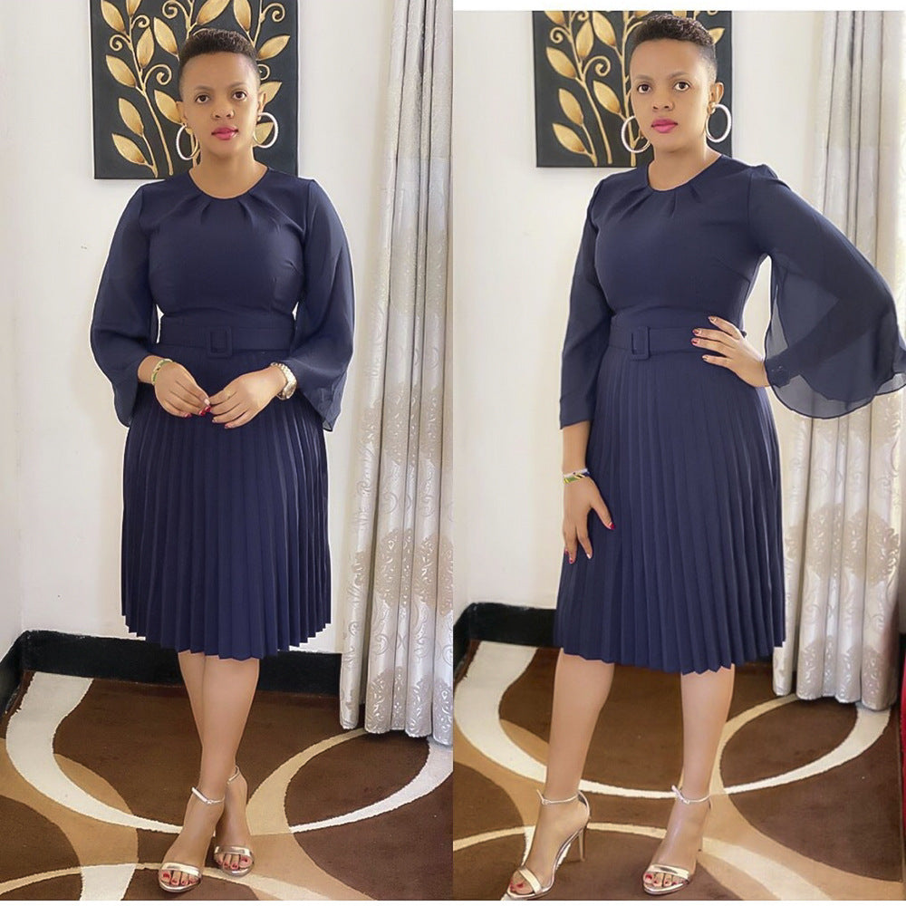 Aliexpress  new long sleeve midi solid color dress african women's plus size pleated skirt with belt