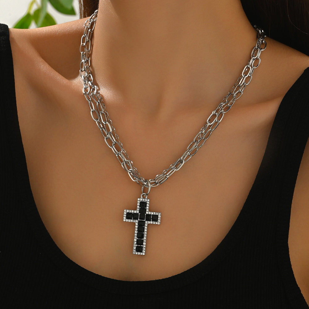 Cross pendant wholesale european and american cross-border dark necklace personalized punk diamond multi-layer combination chain clavicle chain