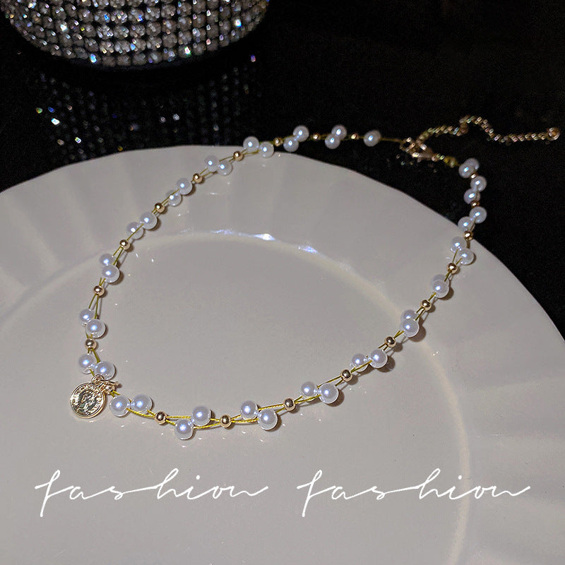 Korean ins style pearl zircon titanium steel necklace for women easiest for matchniche styleclassy sense clavicle chain fairy jewelry wholesale