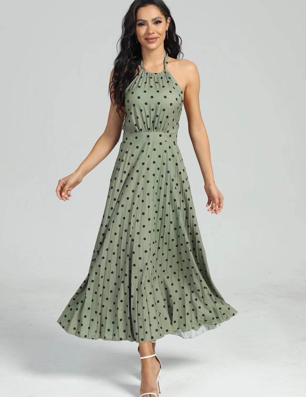 Amazon women's  european and american style spring new solid color sleeveless round neck halter backless printed pleated dress