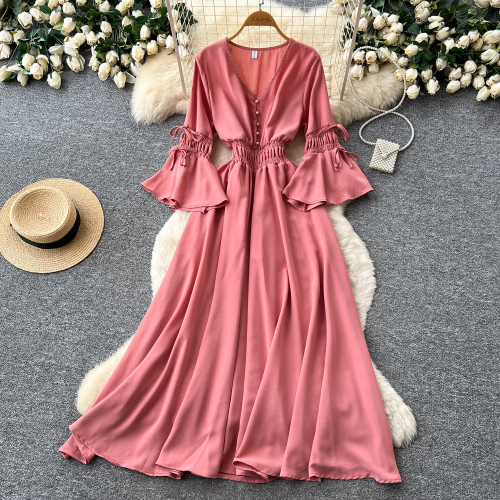 Vintage chic lantern sleeve v-neck tie-up dress - spring korean style women's red slimming waist elegant maxi dress