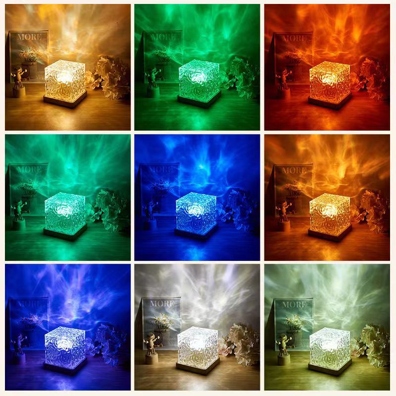 Popular square water ripple light shadow dynamic atmosphere light ins projection night light sunset led nordic small table lamp